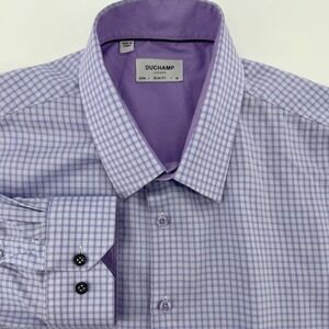 DUCHAMP LONDON Mens XXL Slim Fit  Long Sleeve Dress Shirt Purple Check/Plain